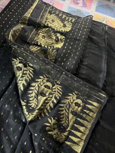 Elegant Black Saree with Gold Motifs