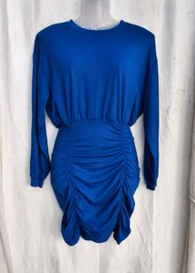 1239. Blue Ruched Long Sleeve Dress