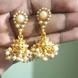 Gold Plated Stylish White Pearl Jhumka Earrings