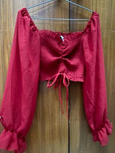 Chic Red Smocked Crop Top