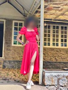 Stylish Red Puff Sleeve corset style Dress