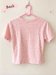Pink &amp; White Striped Crop Top with Heart Detail