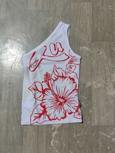 Vintage Y2K one shoulder hibiscus graphic top