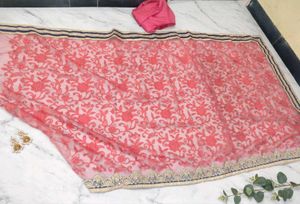 Stunning Peach Lace Saree with Embellished Border