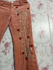 Embroidered Corduroy Flare Pants