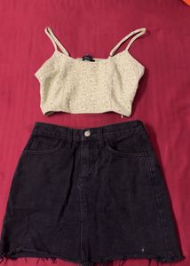 Cute floral crop top and denim skirt set