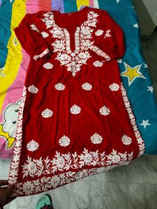 Red Kurta with White Embroidery