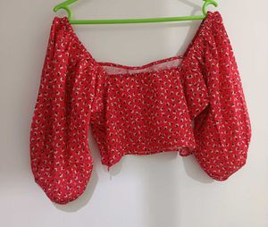 Red Floral Puff Sleeve Crop Top