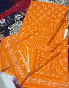 Orange Printed Cotton Saree