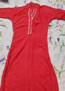 Red Kurta with Embellished Neckline