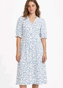 White Blue Floral Ditsy Print Midi Dress - V-Neck