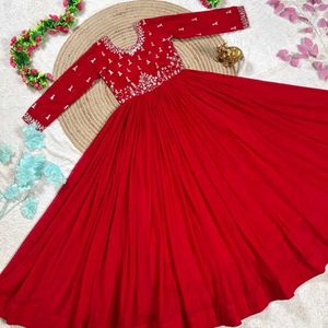 Red Embroidered Anarkali  Set