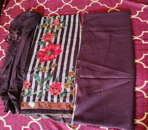 unstitched wine cotton suit with chiffon duppata