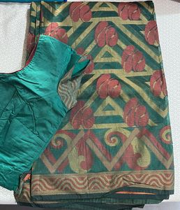 Green Saree with Red Floral Print