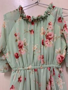 Light Green Floral Cold Shoulder Dress