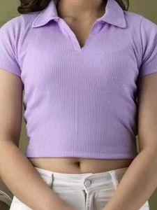Purple Ribbed Cropped Polo Top