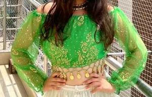 Green Sequin Crop Top with Coin Trim