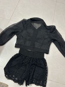 Chic Black Sheer Top &amp; Lace Shorts Set