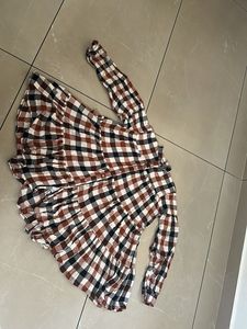 Brown Checkered Ruffle Hem Shirt