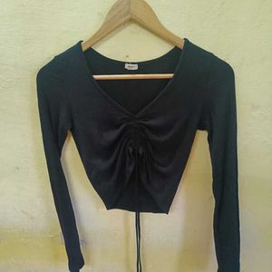 Black Ruched Long Sleeve Crop Top