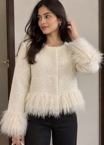 Cream Textured Jacket with Faux Fur Trim