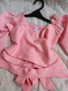 Cute Pink Puff Sleeve Peplum Top