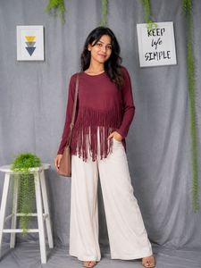 Bershka Maroon Fringed Top