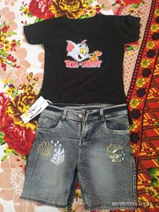 Cute T-shirt with Neon Denim Shorts