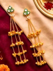 Elegant Gold Tassel Earrings with Green Stone