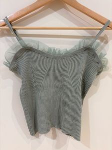 Sage Green Ribbed Tulle Trim Crop Top