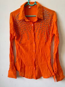 Embellished Orange Crinkle Shirt