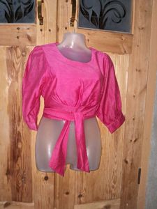 korean Vibrant Pink Tie-Waist Cropped Top