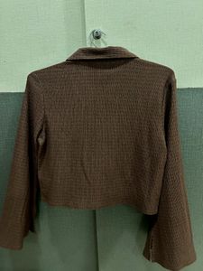 Brown Ribbed Collared Button-Up Top