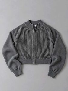 CHARCOAL GREY RIBBED ZIP-UP CROPPED SWEATER