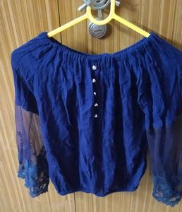 Blue Off-Shoulder Top Lace Sleeves
