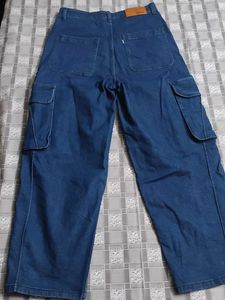 Blue denim barrel cargo jeans