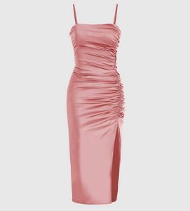 Satin Ruched Midi Dress with Slit