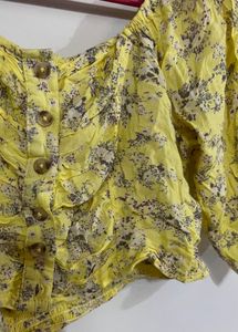 Yellow Floral Cropped Button-Up Top