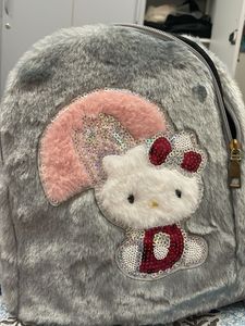 Cute Grey Furry Hello Kitty Backpack