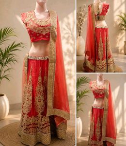 Elegant Red &amp; Gold Embroidered Lehenga Choli