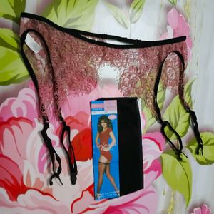 [803]Vintage Pink Lace Garter Belt with Stockings