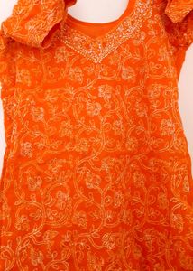 Vibrant Orange Floral Embroidered Kurti