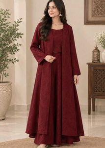 Maroon Kurta Set with Skirt and Jacket