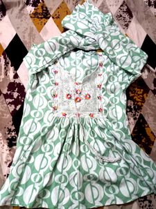 Embroidered Green Block Print short Kurti