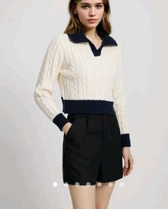 Cream Cable Knit Collared Sweater