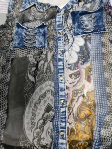 Unique Patchwork Denim &amp; Print Sleeveless Top