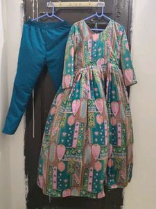 Printed silk  frock suit with Pants dupatta