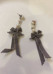 New  Pearl &amp; Gingham Bow Dangle Earrings