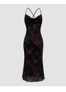 Black Floral Ruched Slip Dress