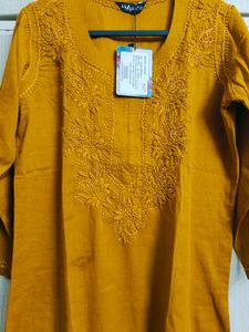 Mustard Chikankari Cotton Tunic (M/34)